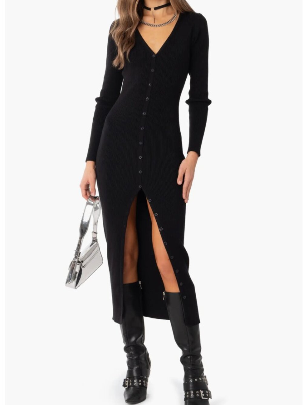 Like New Edikted Jazlyn Long Sleeve Rib Sweater Dress Black Medium